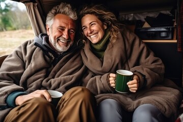 Mature couple in love in a motorhome. They chat and drink morning coffee. Traveling as a couple is an excuse to escape from the hustle and bustle of the big city and be alone. - obrazy, fototapety, plakaty