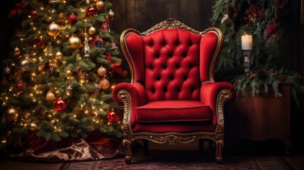 Velvet red armchair against on background of a decorated Christmas tree. Beautiful Christmas tree with gifts near red chair. Beautiful Room, studio decorated for Christmas