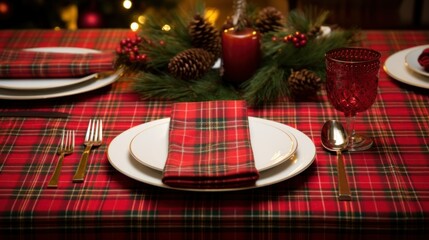 Set of Christmas Tartan Plaid Napkins, Placemats, golden decor and Red Runner table setting. Xmas Winter Holidays table setting Background