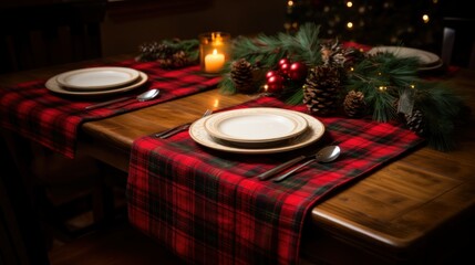 Set of Christmas Tartan Plaid Napkins, Placemats, golden decor and Red Runner table setting. Xmas Winter Holidays table setting Background