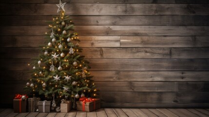 Rustic decorated Christmas tree near wooden wall web banner. Vintage natural decor christmas tree...