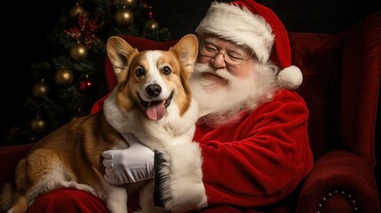 Santa Claus and santas helper corgi dog portrait. Happy Santa Claus with dog near Christmas tree....