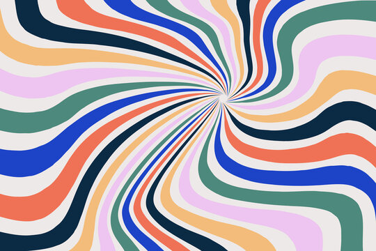 Swirl sunburst background in 1960s 1970s hippie style. Wavy rainbow colors lines. Groovy pattern in retro style. Psychedelic vector design