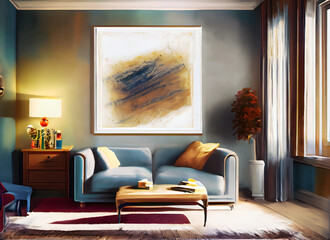 Abstract minimal interior design living room digital art, Generative AI.