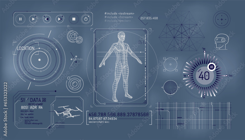 Poster set of infographic elements about drone control and augmented reality.