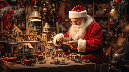 Santa Claus in His Toy Workshop Preparing for Christmas Eve Deliveries on his Reindeer Sleigh in 8K created with generative ai technology