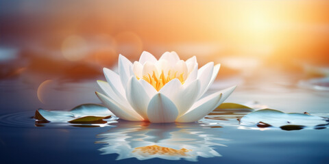 Lotus flower with reflection on water surface. Water lily.