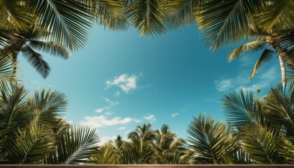 Fototapeta na wymiar frame of palm leaves in the sky, copy space. travel and vacation concept. 