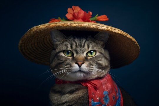 javanese cat wearing a sombrero against a deep indigo background