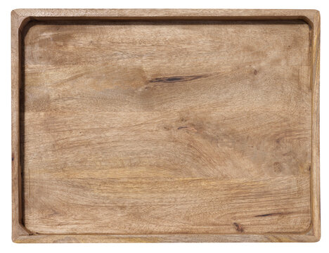Empty rectangular wooden tray on white background. Mango wood board