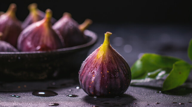 figues fraiches et m&ucirc;res pr&eacute;sent&eacute;es dans une assiette en terre cuite sur une table noire