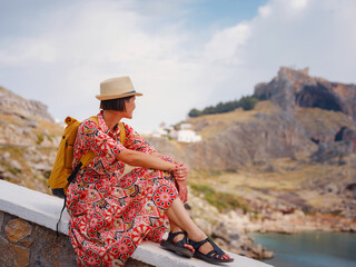 Nice Happy Female Enjoying Greek Islands. Travel to Greece, Mediterranean islands outside tourist...