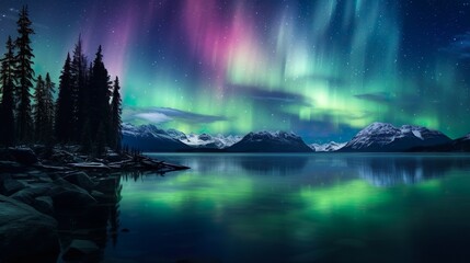 A beautiful winter landscape photography with aurora polaris