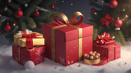Merry Christmas background with gift box and snow