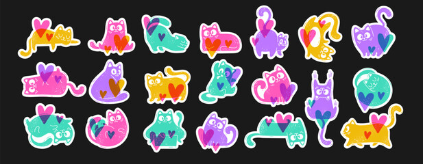 Bright cute funny characters with hearts. A big set of risoprint style stickers with cats. Vector illustration Isolated on a black background.