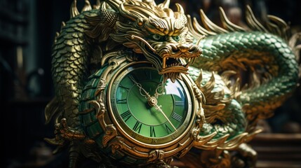 2024 is year of the Wood Dragon. 2024 Chinese New Year. Symbol of 2024 new year green and golden Dragon with clock