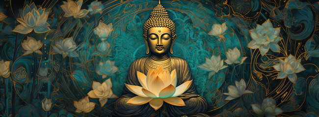 golden buddha and lots of pink lotus and other green flowers with blue background - obrazy, fototapety, plakaty