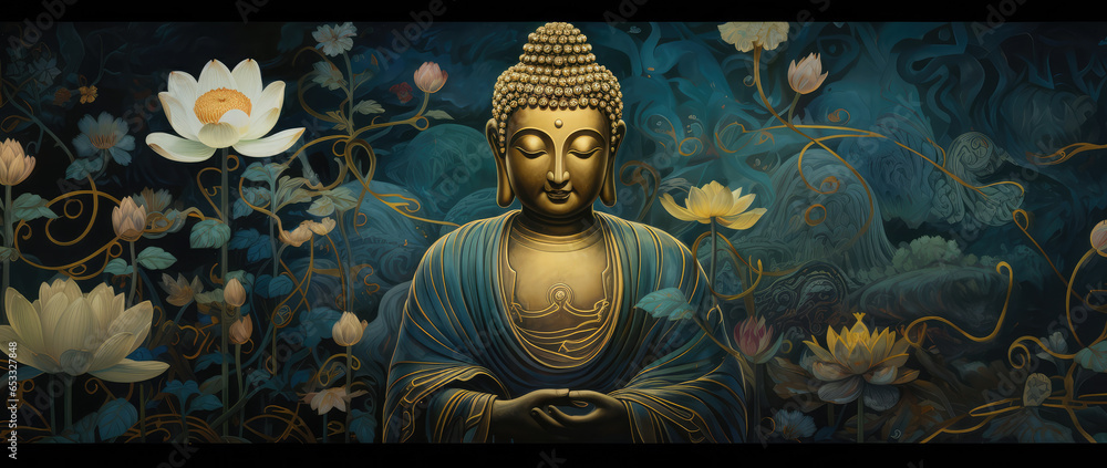 Wall mural golden buddha and lots of pink lotus and other green flowers with blue background