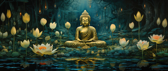 golden buddha and lots of pink lotus and other green flowers with blue background