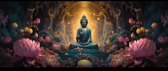 Fotobehang golden buddha and lots of pink lotus and other green flowers with blue background © Kien