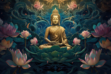 golden buddha and lots of pink lotus and other green flowers with blue background