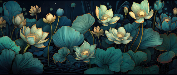 lots of lotus and other green flowers with blue background - obrazy, fototapety, plakaty