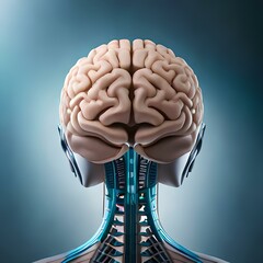 AI generated illustration depicts a human brain with a futuristic robotic body. This illustration is suitable for projects related to 3D rendering, human brain, futuristic technology, AI
