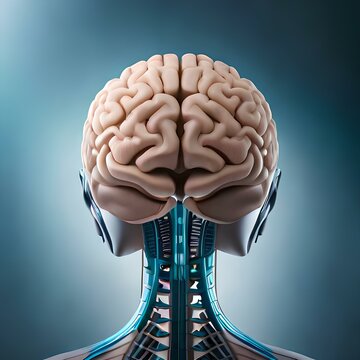 AI generated illustration depicts a human brain with a futuristic robotic body. This illustration is suitable for projects related to 3D rendering, human brain, futuristic technology, AI
