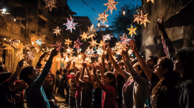 Posada navideña en un pueblo mexicano sobre la calle adornada con estrellas multicolores  gente feliz celebrando entre los adornos brillantes, felices por la navidad mexicana