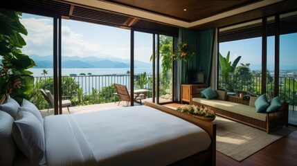 Interior of a hotel room with bed and sea view, background that flexes an impressive view.