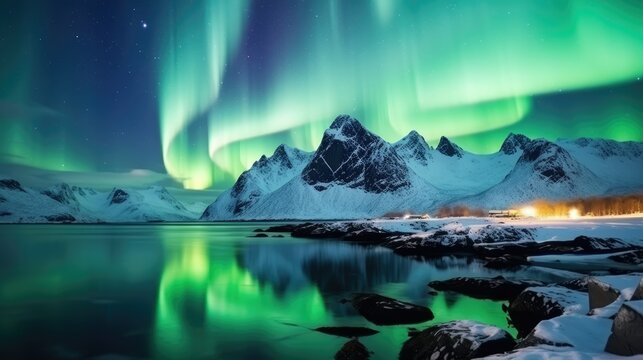 Aurora borealis over the sea snowy mountain, landscape