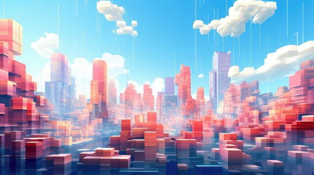 pixel voxel city landscape illustration background design, 3d render, modern futuristic pixel voxel city landscape