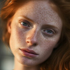 Photo young woman Closeup shot with freckles face in sunlight with shadow 