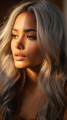 Naklejka premium Portrait of Stunning Young Woman with Blond Hair Captured in Golden Hour and Natural Light, High-Quality Beauty Photography