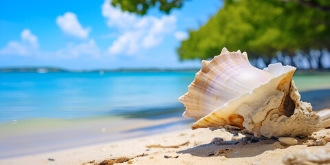 Obraz na płótnie Canvas Conch on the beach stock photo Sea shell on sand beach with green tree and leaves at coast and blur blue sea with bokeh with blue sky background.Ai Generative
