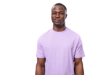 young 30 year old american man with a short haircut in a light t-shirt on a white background with copy space