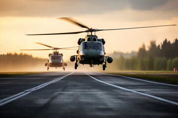 Two helicopters landing on a runway - obrazy, fototapety, plakaty