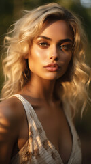 Naklejka premium Portrait of Stunning Young Indian Woman with Blond Hair Captured in Golden Hour and Natural Light, High-Quality Beauty Photography