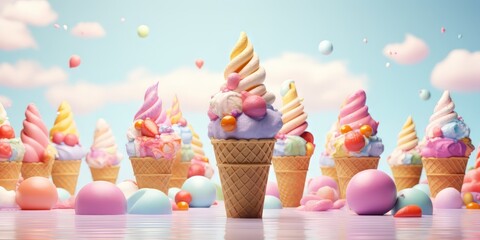 Colorful ice creams on pastel background. 3D render - obrazy, fototapety, plakaty