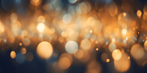 A blurry golden background with bokeh lights and Lots of golden blurry defocus lights for birthday, party, valentine day, celebration background Lights with dark blue background  Ai Generative