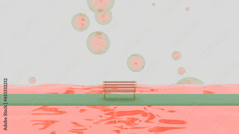 Poster 3d animation with soap bubbles. design. 3d space with bench and colored river on background of soap 