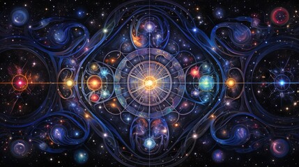 Cosmic kaleidoscope background. Abstract sci-fi mandala fractal luminous neon glowing colorful lights wallpaper.. - obrazy, fototapety, plakaty