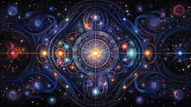Fototapeta Cosmic kaleidoscope background. Abstract sci-fi mandala fractal luminous neon glowing colorful lights wallpaper..