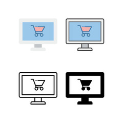 Trolley on monitor screen for shopping advertisement in e-commerce, online shop, e-payment or business. Monitor and shopping cart, trolley icon. vector illustration. Design