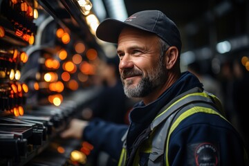 Portrait of an electrical engineer working at a power station. Male engineer standing at power station The background is an electrical circuit and the production of high voltage power.