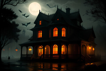 Fototapeta na wymiar Halloween Night at the dark Haunted Mansion with Bats and Moonlight. Illustration style. Generative AI
