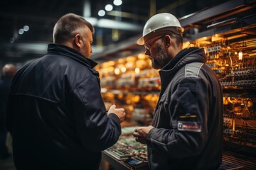 Obraz premium Two electrical engineers working at a power station Male engineer looks at electrical circuits and planning for high voltage power production.