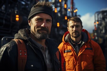 Fototapeta premium Two electrical engineers working at a power station Male engineer looks at electrical circuits and planning for high voltage power production.