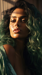 Portrait of Stunning Young Latino Woman with Green Hair Captured in Golden Hour and Natural Light, High-Quality Beauty Photography