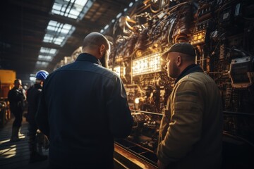 Obraz premium Two electrical engineers working at a power station Male engineer looks at electrical circuits and planning for high voltage power production.